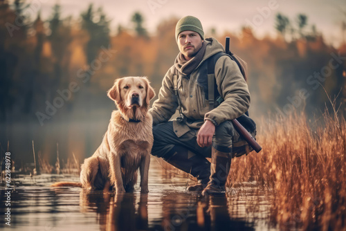 Fotografiet A hunter with a retriever dog by a serene lake, showcasing the bond between man and dog in the hunting experience