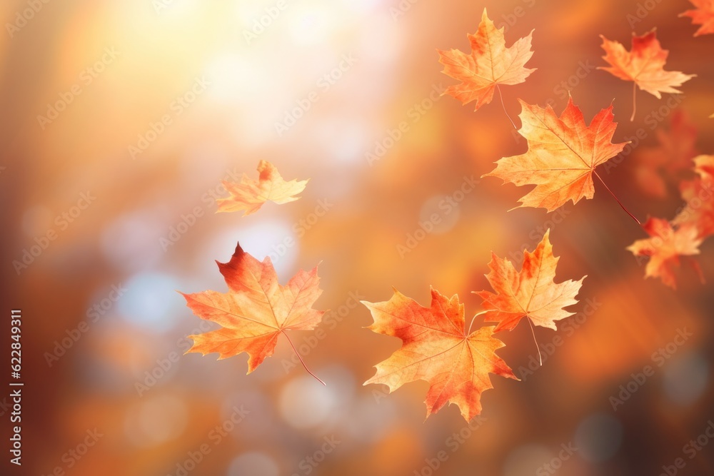 Yellow and orange leafs on soft autumn background, Generative AI