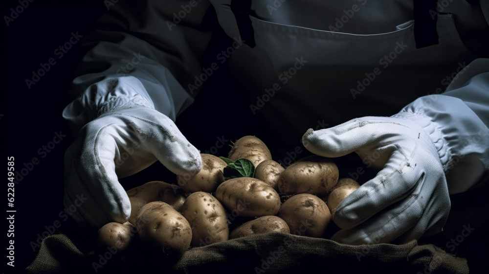Harvesting potatoes from the fields, potatoes in the hands of an agricultural worker. Created with AI.