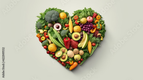 Vegetable and healthy set of vitamins in the form of a heart on a clean background. Created with AI.