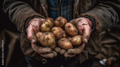 Harvesting potatoes from the fields, potatoes in the hands of an agricultural worker. Created with AI.