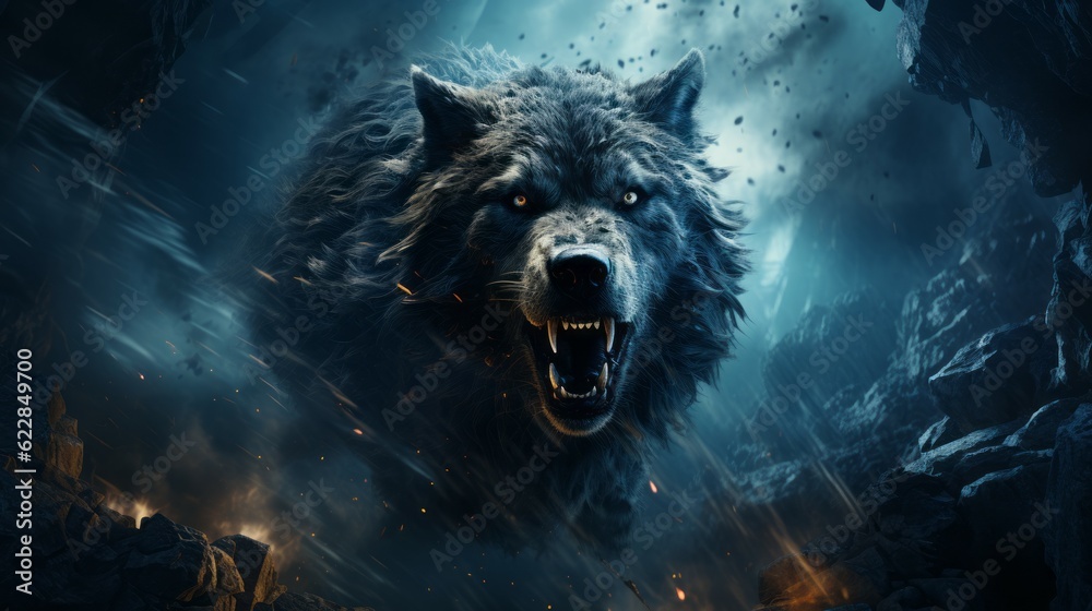 Furious wolf in the fire of destruction. Angry furry wolf with a growl
