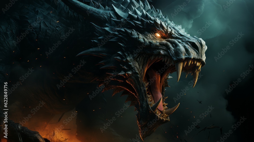 Mad dragon destroying the world. Angry reptile with a growl giving a death stare. Chinese dragon causes chaos and devastation on a flame background. Fictional scary character with a grin. Mad dragon destroying the world. Angry reptile with a growl giving a death stare. Chinese dragon causes chaos and devastation on a flame background. Fictional scary character with a grin.