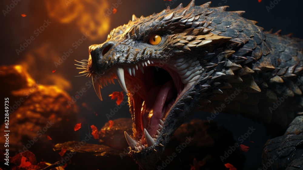 Mad snake in the fire of destruction. Angry serpent with a growl giving a death stare. Scaled beast causes chaos and devastation on a flame background. Fictional scary character with a grin. . Mad snake in the fire of destruction. Angry serpent with a growl giving a death stare. Scaled beast causes chaos and devastation on a flame background. Fictional scary character with a grin. .