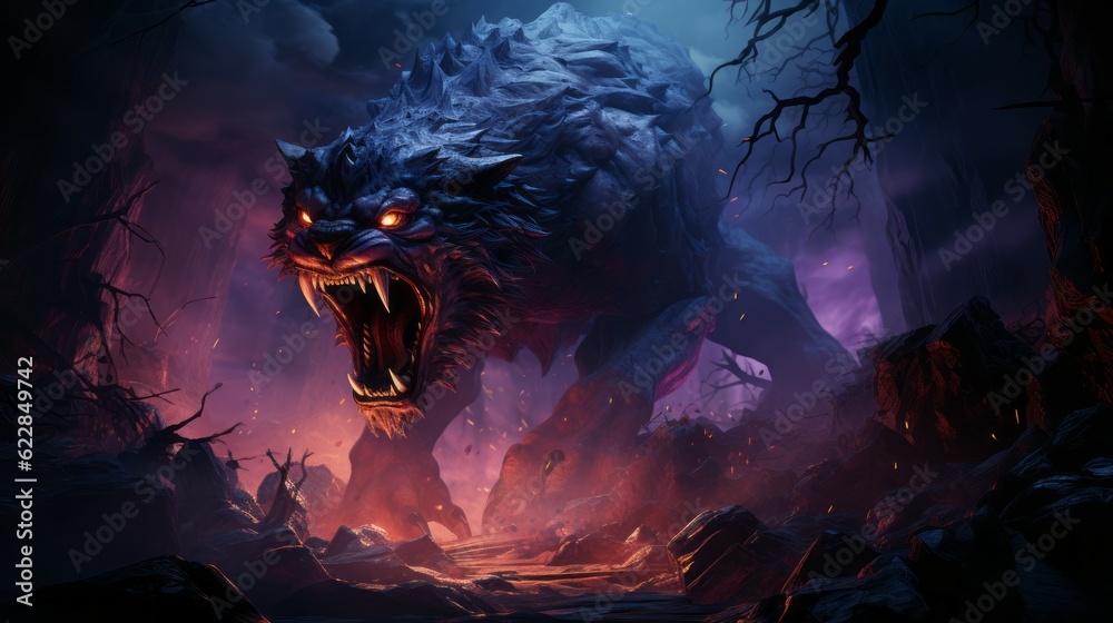 Angry demon in the fire of destruction. Angry creature from hell with a ...