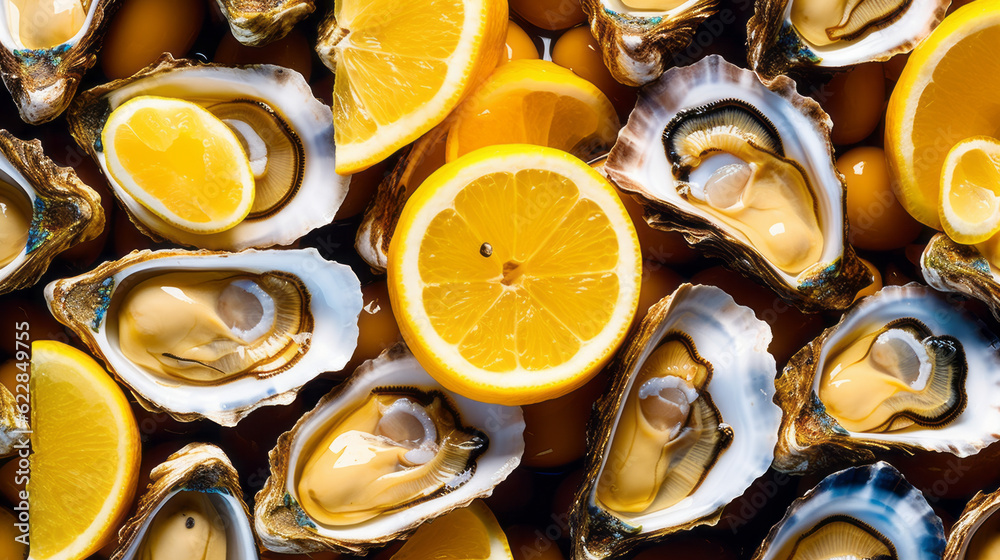 Fresh oysters with lime wedges and ice cubes. Black Sea seafood mussels and clams in ice cubes with lemon. Created in ai. Fresh oysters with lime wedges and ice cubes. Black Sea seafood mussels and clams in ice cubes with lemon. Created in ai.