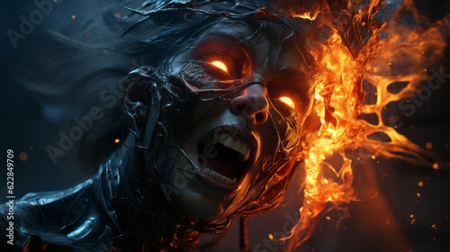 Angry demon yelling. Angry creature from hell with a growl, screaming. Beast causes chaos and destruction on a fire background. Fictional scary character crying in pain.