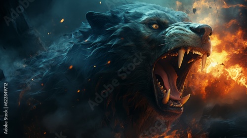 Furious bear in the fire of destruction. Angry furry brown bear with a growl giving a death stare. Beast bear causes chaos and destruction on a fire background. Fictional scary character with a grin.. © Valua Vitaly