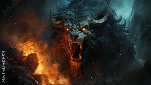 Angry beast with horns standing in the fire of destruction. Furious furry monster with a growl giving a death stare. beast causes chaos and destruction on a fire background. Fictional scary character.