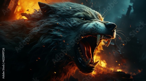 Furious wolf in the fire of destruction. Angry furry wolf with a growl giving a death stare. Beast causes chaos and destruction on a fire background. Fictional scary character with a grin on its face.