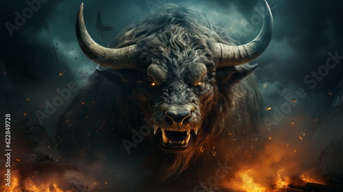 Angry bison with horns standing in the fire of destruction. Furious furry bison with a growl giving a death stare. beast causes chaos and destruction on a fire background. Fictional scary character. © Valua Vitaly