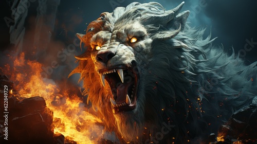Angry beast with horns standing in the fire of destruction. Furious furry monster with a growl giving a death stare. beast causes chaos and destruction on a fire background. Fictional scary character. © Valua Vitaly