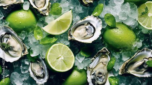 Fresh oysters with lime wedges and ice cubes. Black Sea seafood mussels and clams in ice cubes with lemon. Created in ai.