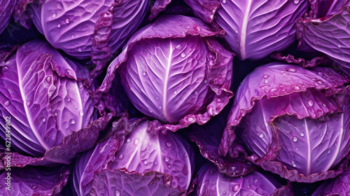 Fresh purple cabbage lettuce leaves, top view. Created with AI.