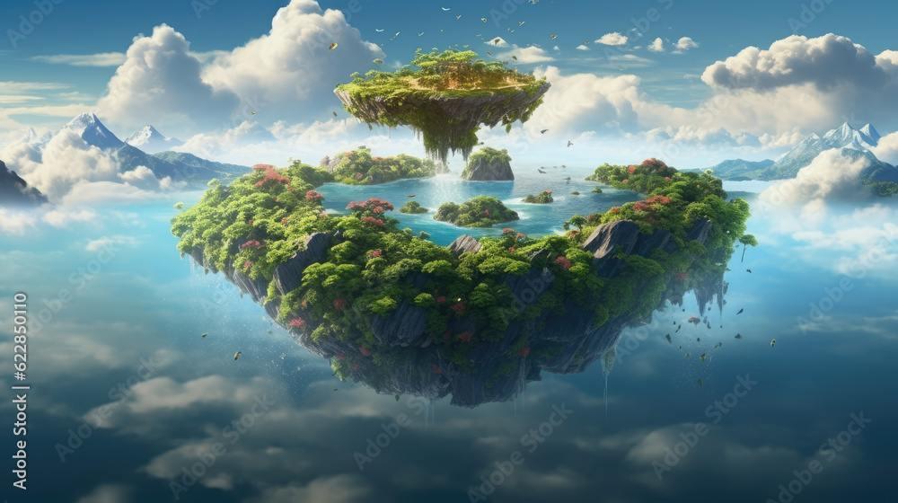 A floating island in the sky, lush with unique, vibrant flora - obrazy, fototapety, plakaty 