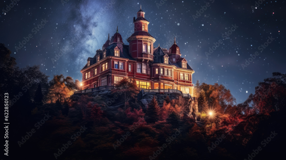 A haunted mansion on a hill