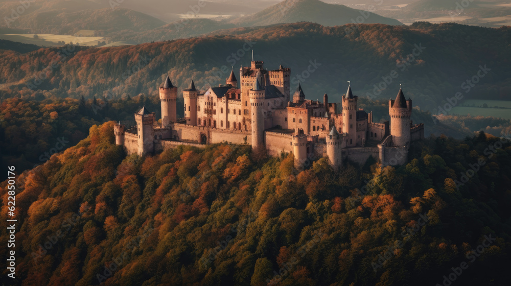 A stunning view of a medieval castle nestled in a valley, surrounded by a dense forest at dusk