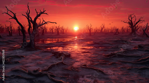 A desolate wasteland with skeletal trees under a crimson sunset