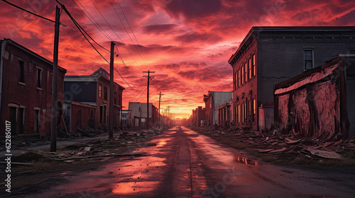 A ghost town with dilapidated buildings and rumble, under a sky filled with red clouds