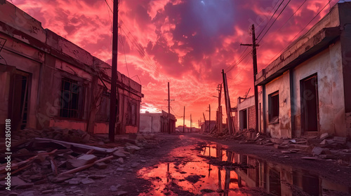 A ghost town with dilapidated buildings, under a sky filled with red clouds