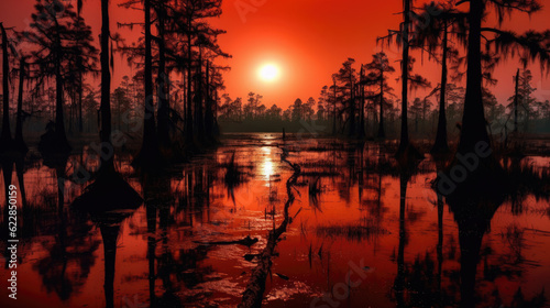 A sinister swamp with dead trees and a blood-red moon reflected in the still water with tree path in the middle