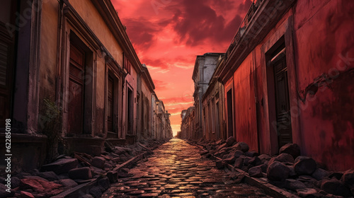 A terrifying view of a narrow back alley in an old, abandoned city, under a sky filled with red clouds