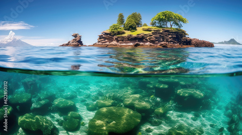 exotic island with unique rock formations, picture taken in crystal clear water 