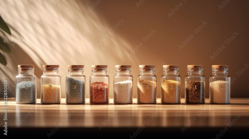 A set of spices in glass jars on a gray uniform background. Oriental spices, assorted spices in flasks. A spicy paprika created in AI. - obrazy, fototapety, plakaty 