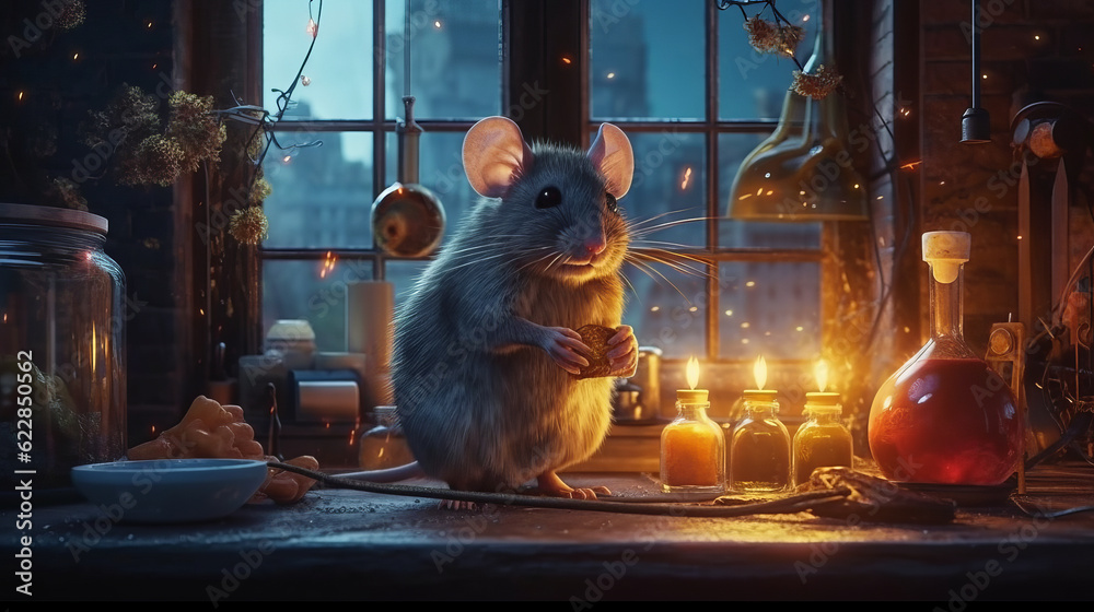 Rats on a laboratory table with chemical test tubes, experimental mice ...