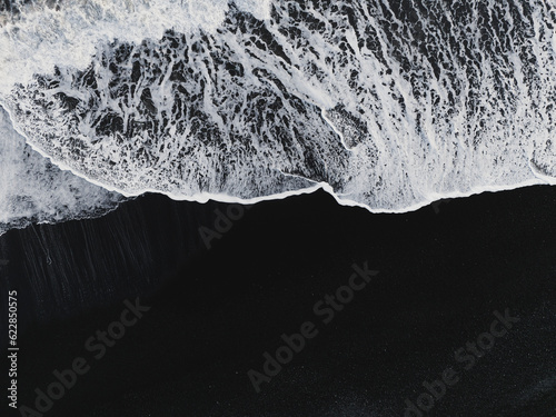 Aerial view of black sand beach and waves, Reynisfjara, Iceland.
