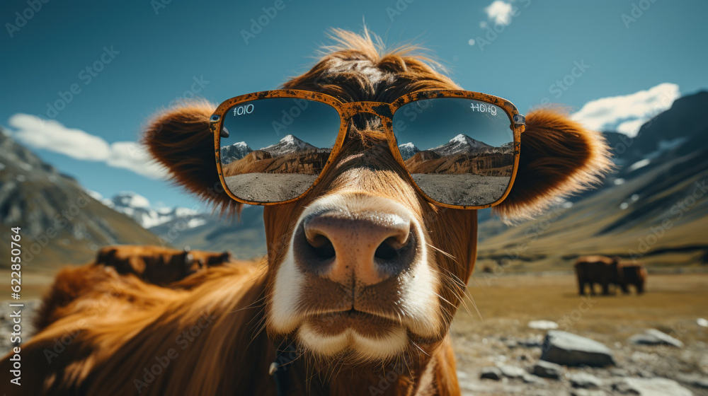 Happy cow wearing sunglasses created with generative AI technology - obrazy, fototapety, plakaty 