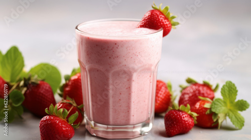 Strawberry smoothie on a white background, isolated. Strawberry smoothie with ice and strawberry pieces. Children's milkshake for children's menu, created in ai.
