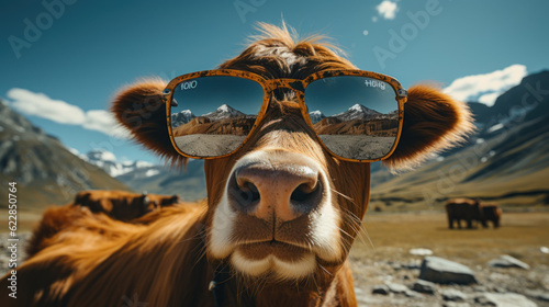 Happy cow wearing sunglasses created with generative AI technology