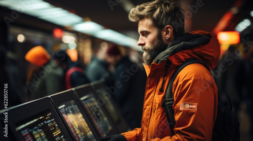Tourist buys tickets at automatic ticket office created with generative AI technology