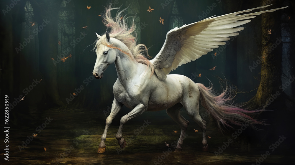 Mythical creature unicorn. Gorgeous Pegasus with huge wings and a horn ...