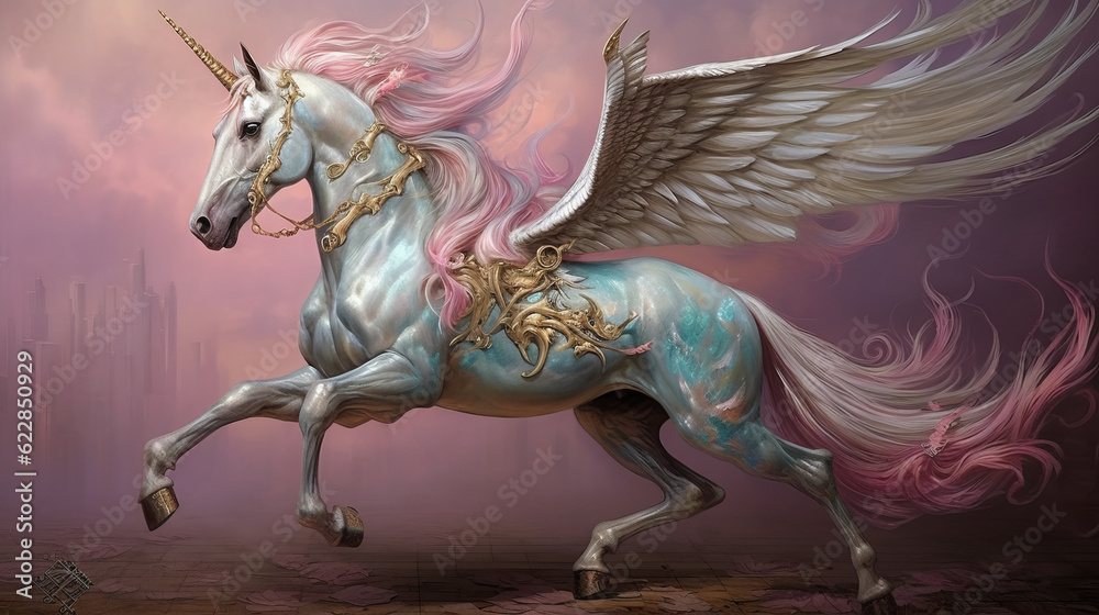 Mythical creature unicorn. Gorgeous Pegasus with huge wings and a horn in flight. Painted powerful unicorn in all its glory. A horse created in ai. Mythical creature unicorn. Gorgeous Pegasus with huge wings and a horn in flight. Painted powerful unicorn in all its glory. A horse created in ai.
