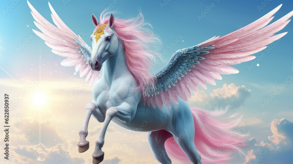 Mythical creature unicorn. Gorgeous Pegasus with huge wings and a horn ...