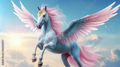 Mythical creature unicorn. Gorgeous Pegasus with huge wings and a horn in flight. Painted powerful unicorn in all its glory. A horse created in ai. © Ренат Хисматулин