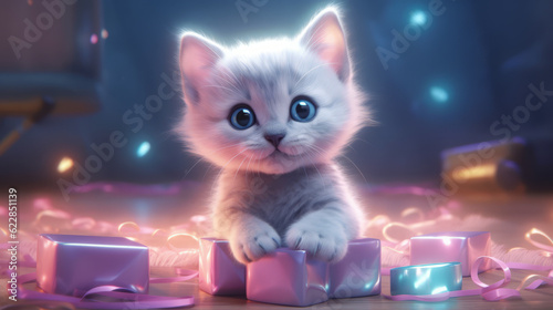 A small thoroughbred kitten in a gift box. Birthday present for a child, adorable cat and best friend. Created in ai.