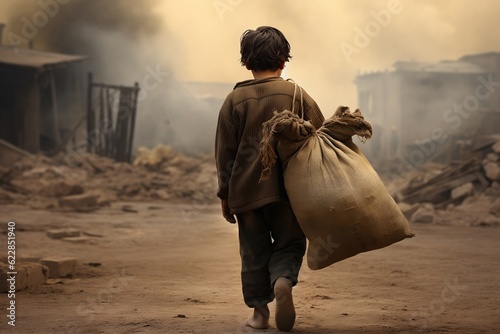 poor children collect garbage. child labor day concept