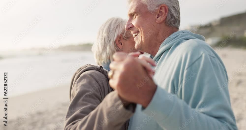 Dance, beach and senior couple with love, smile and romance with quality time, marriage and travel. Romantic, old man or elderly woman dancing, seaside holiday and vacation with adventure and journey