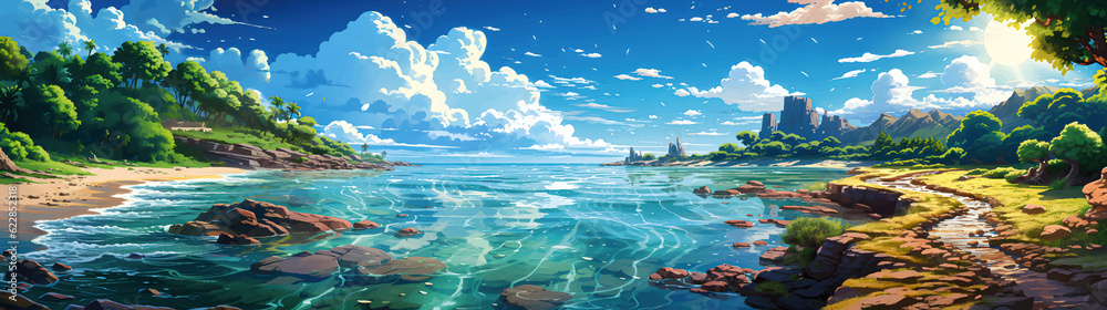 Cartoon summer beach. Paradise nature vacation, ocean or sea seashore. Seaside landscape background illustration - AI generated
