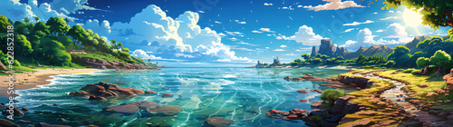 Cartoon summer beach. Paradise nature vacation  ocean or sea seashore. Seaside landscape background illustration - AI generated 
