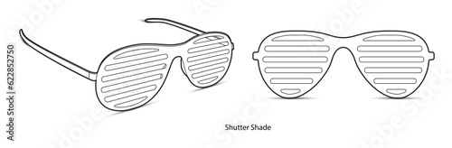 Shutter Shade frame glasses fashion accessory illustration. Sunglass front and 3-4 view for Men, women, unisex silhouette style, flat rim spectacles eyeglasses with lens sketch outline isolated