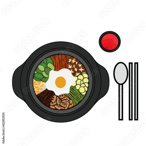 Bibimbap (비빔밥)
Bibimbap, sometimes romanized as bi bim bap or bi bim bop, is a Korean rice dish. The term bibim means "mixing" and bap is cooked rice.  (ID: 622852924)