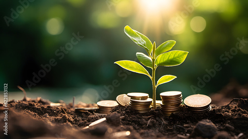 gold coins in soil with young plants concept save and invest for the future