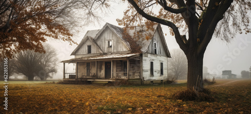 Abandoned house in american rural suburban area. Hand edited generative AI. photo