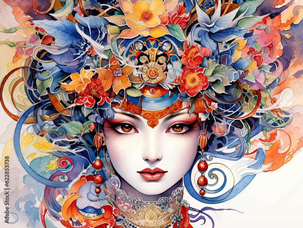 abstract pastel and watercolor illustration of a chinese woman in traditional wedding dress and floral headdress, close up portrait, blue, colorful, generative AI
