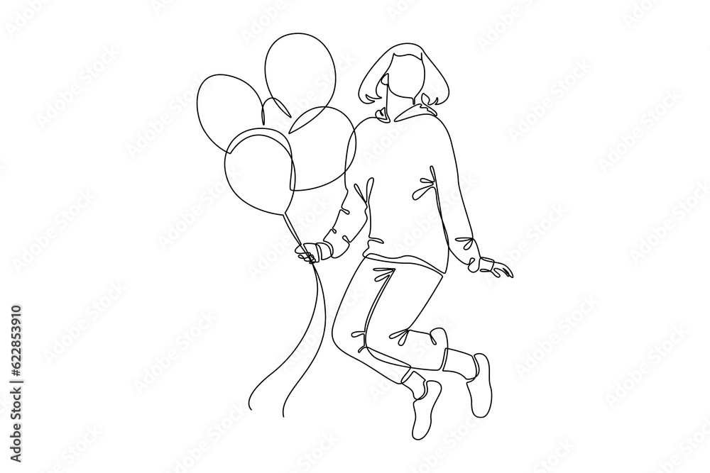 Single one line drawing Happy free people flying, floating and jumping in air. Freedom concept. Continuous line draw design graphic vector illustration.