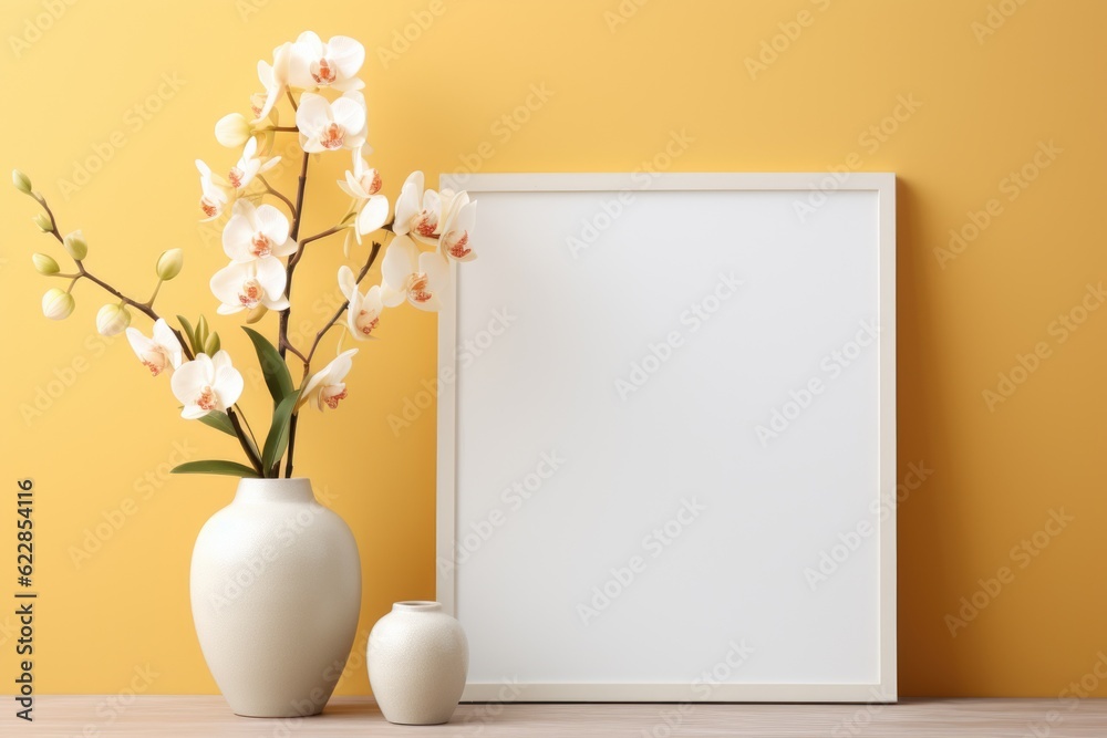 Mockup frame, A stylish frame mockup and delicate orchids coexist beautifully in a bathroom adorned with a sunny yellow backdrop. Generative AI